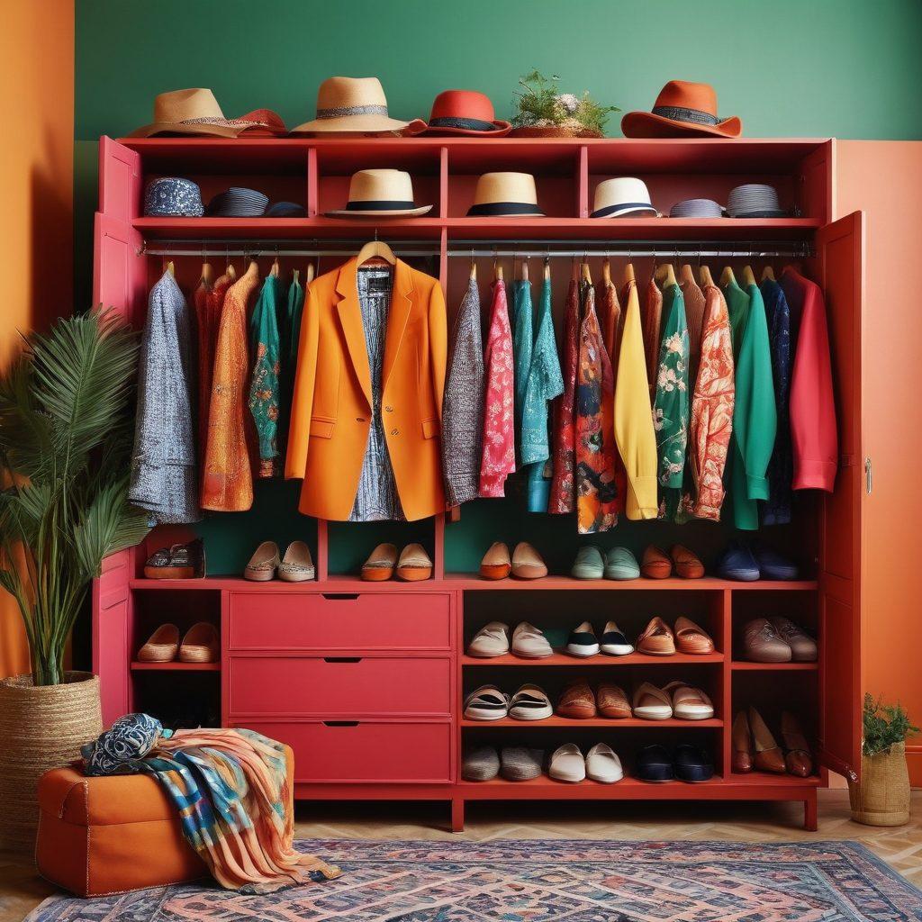 A stylish wardrobe displayed with a mix of casual and chic outfits, featuring bold patterns and vibrant colors. Include a mannequin wearing a standout piece in the center, surrounded by accessories like hats and shoes. The background should be softly blurred to focus on the clothing, evoking a sense of exploration and joy in fashion. Add subtle touches of greenery for a fresh feel. super-realistic. vibrant colors. soft focus.