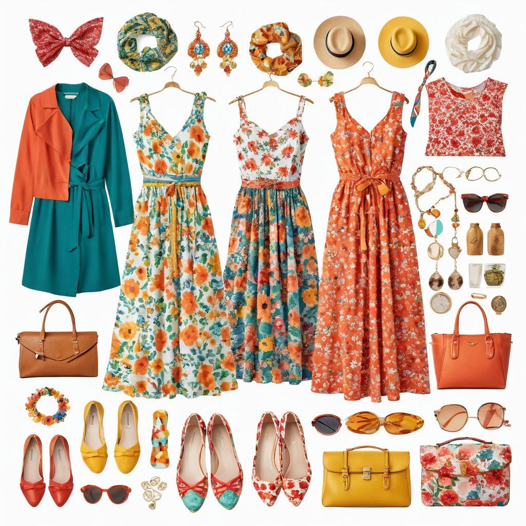 A vibrant wardrobe bursting with colorful outfits, featuring a variety of playful styles like floral dresses, funky accessories, and casual wear. Showcase a cheerful figure joyfully mixing and matching items, surrounded by bright, whimsical patterns and textures. Include elements that represent different occasions, like a picnic scene or an elegant evening setup. Super-realistic. Bright colors. White background.