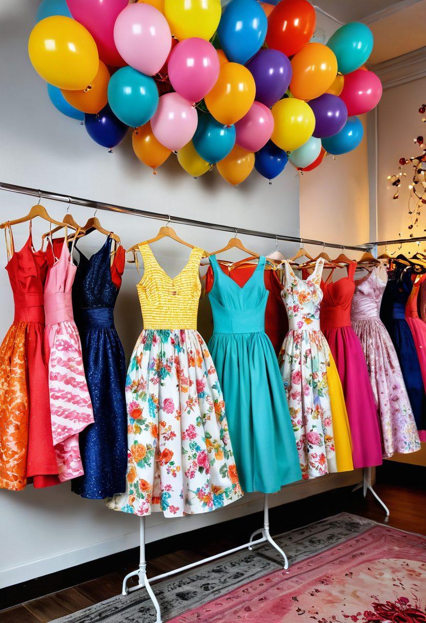 A bright and colorful boutique filled with playful dresses hanging on elegant racks, showcasing an array of vibrant patterns and joyful colors. Include a whimsical background with balloons and twinkling fairy lights to evoke a sense of happiness. Display a cheerful model joyfully trying on a dress with a delightful smile. Capture the essence of fun and fashion through a lively atmosphere. super-realistic. vibrant colors. soft focus.